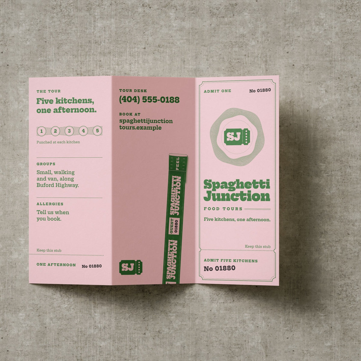 Sample design: Spaghetti Junction Food Tours tri-fold brochure, outside panels