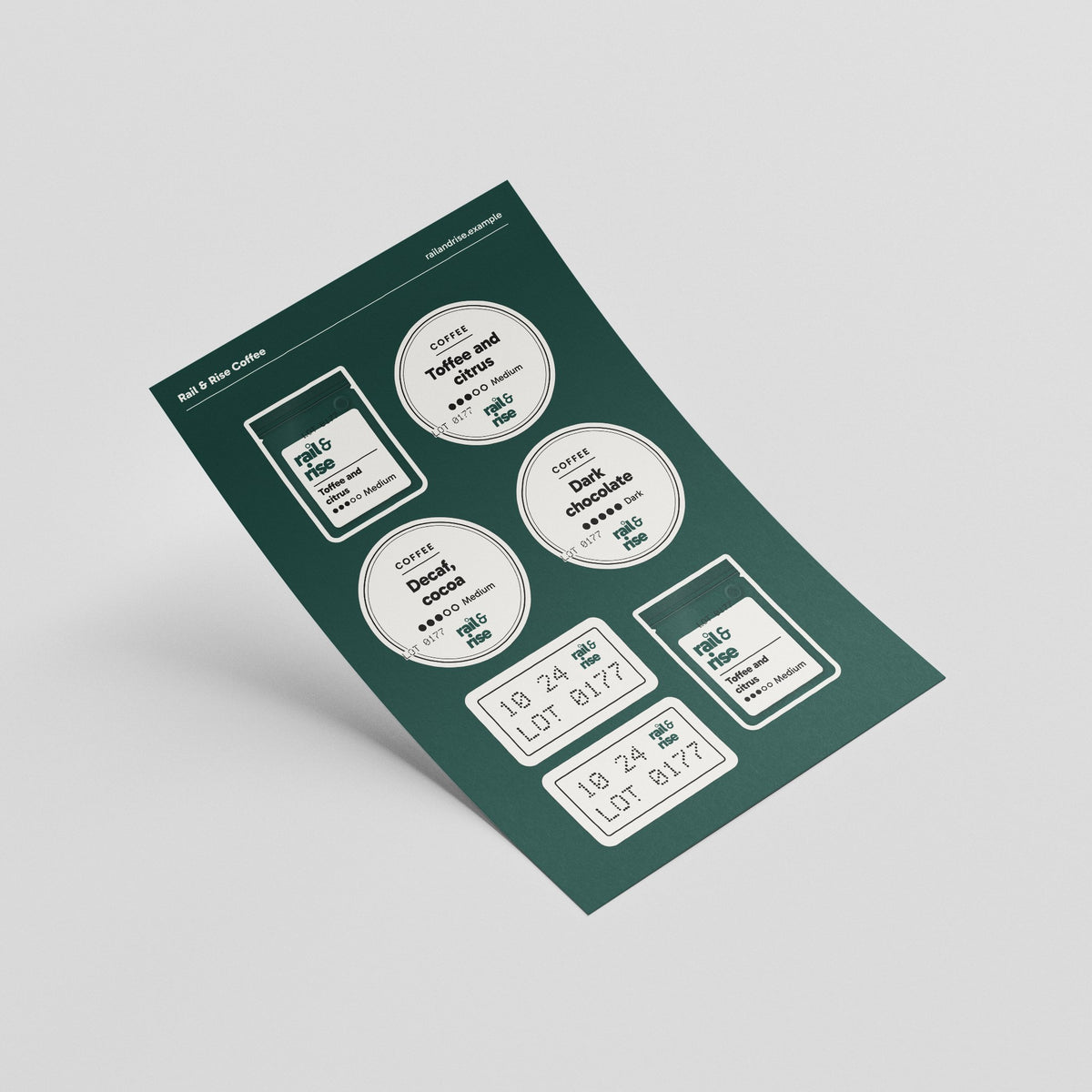 Sample design: Rail and Rise Coffee sheet of die cut stickers