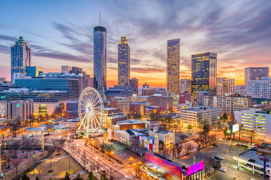 Downtown Atlanta skyline at dusk over Centennial Olympic Park, near GWCC