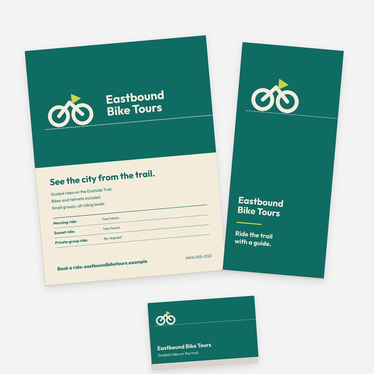 Sample design: business cards, flyers and a rack card for one trade show booth