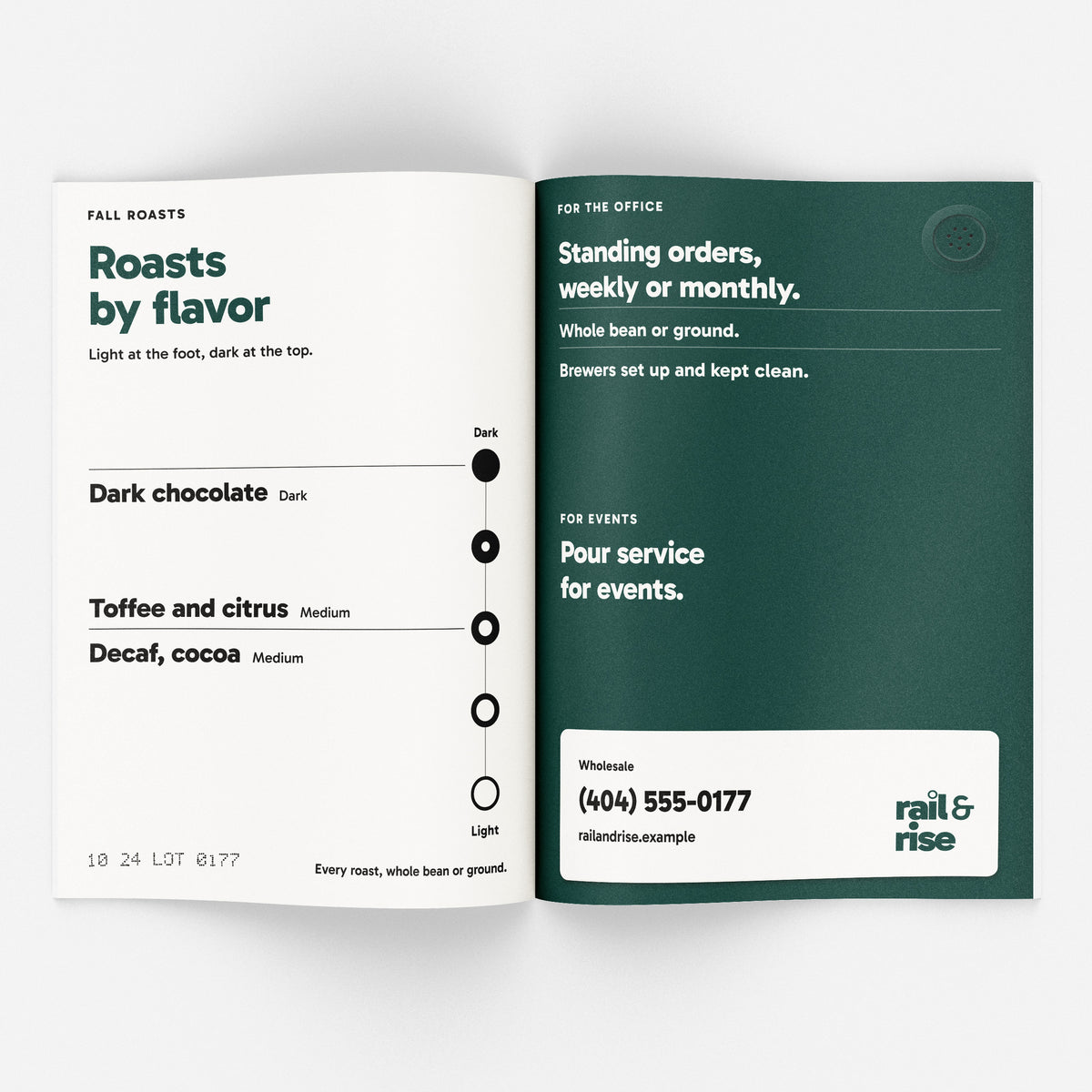 Sample design: Rail and Rise Coffee booklet, open spread