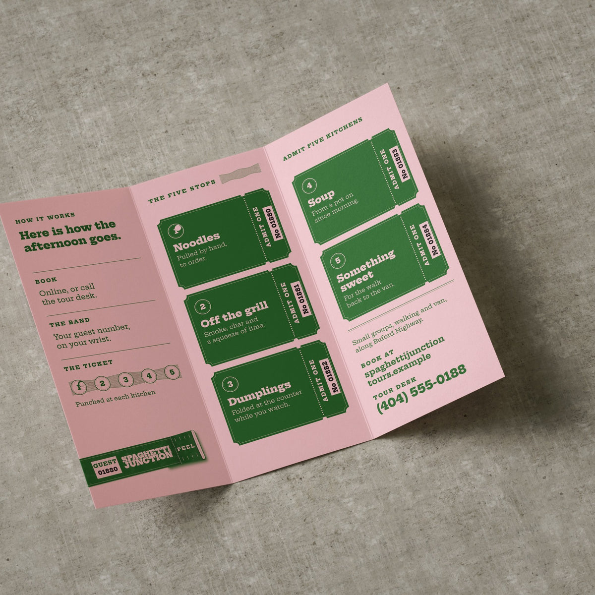 Sample design: Spaghetti Junction Food Tours tri-fold brochure, open to the inside panels