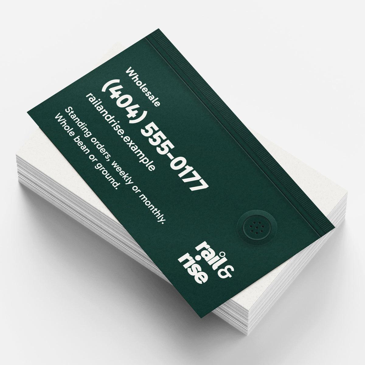 Sample design: Rail and Rise Coffee business cards, close view