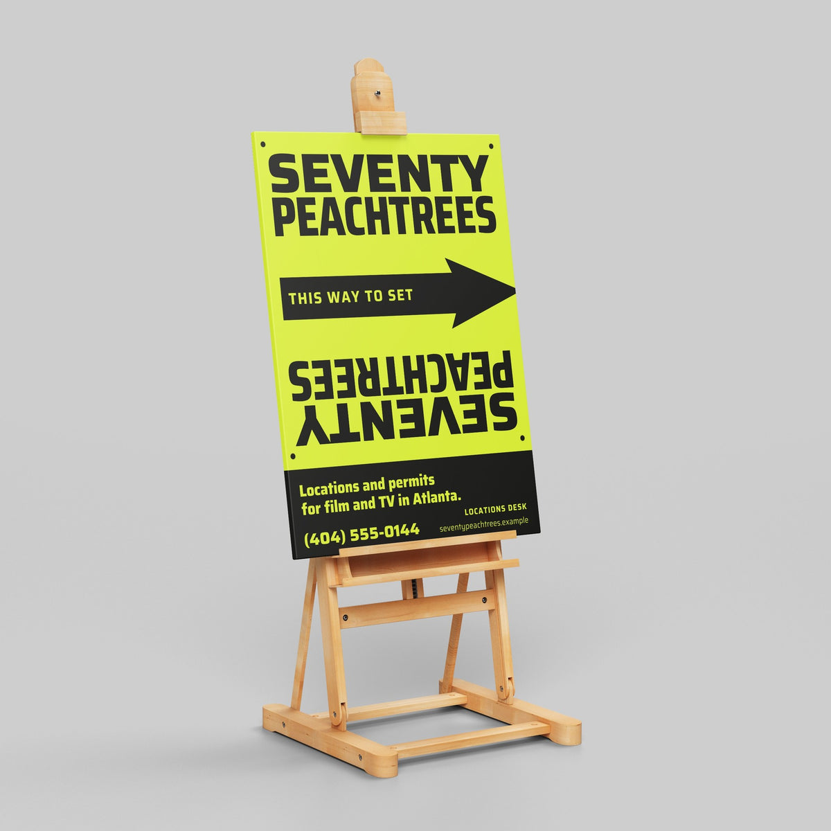 Sample design: Seventy Peachtrees Locations 18x24 poster on an easel