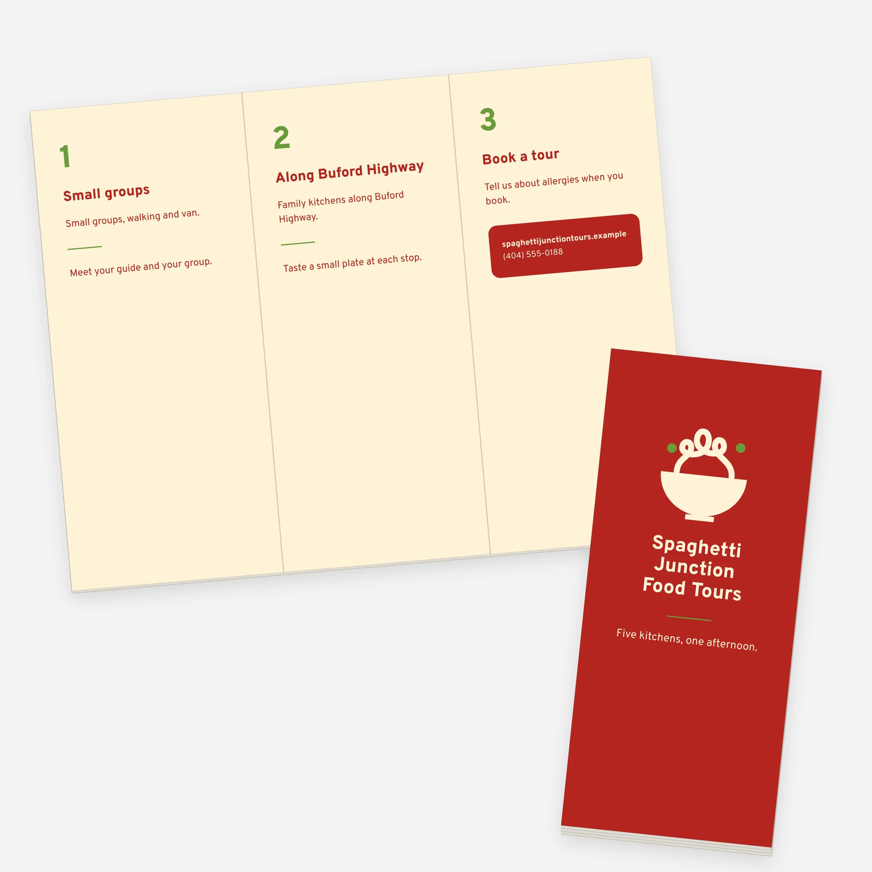 Sample design: a Spaghetti Junction Food Tours tri-fold brochure, one folded and one open behind it